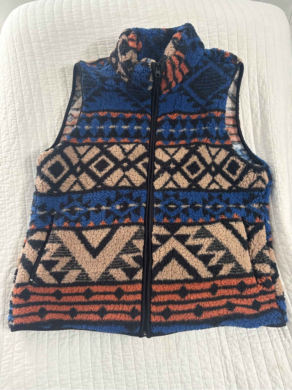 MensPatterned Sherpa Vest - Blue, Tan & Rust large